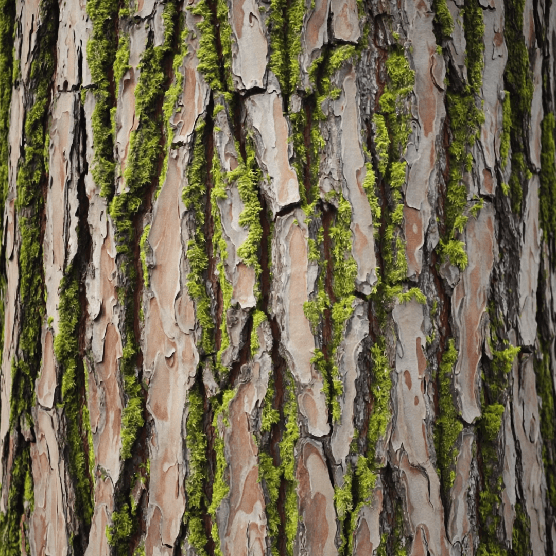"tree bark, weathered, deep grain, patches of moss"